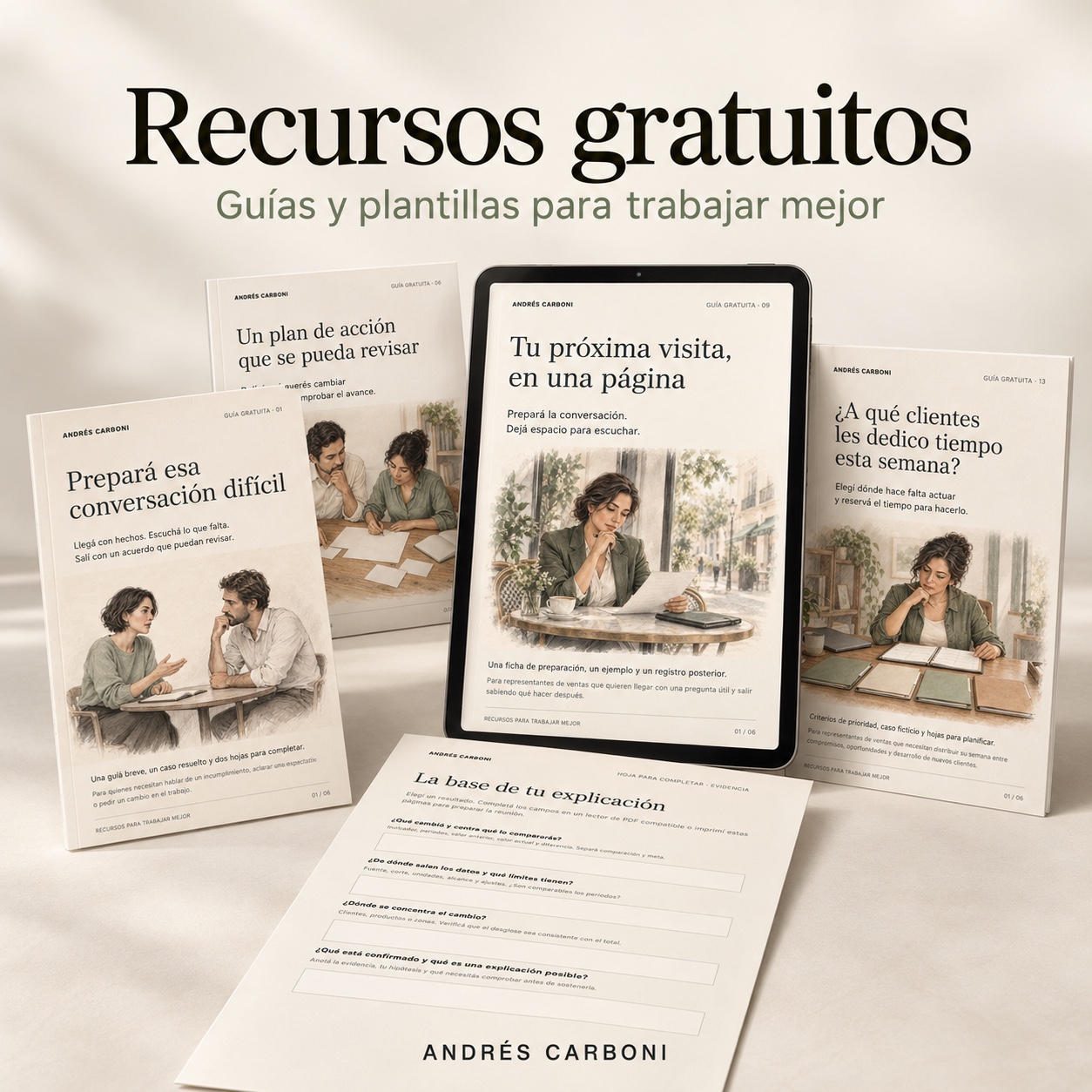 Colección de guías y plantillas de Andrés Carboni para preparar conversaciones, planificar visitas y organizar el trabajo.